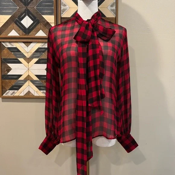 Vintage Ralph Lauren Collection Silk Plaid Button-Up Top Blouse Red / Black 6 - Picture 1 of 12